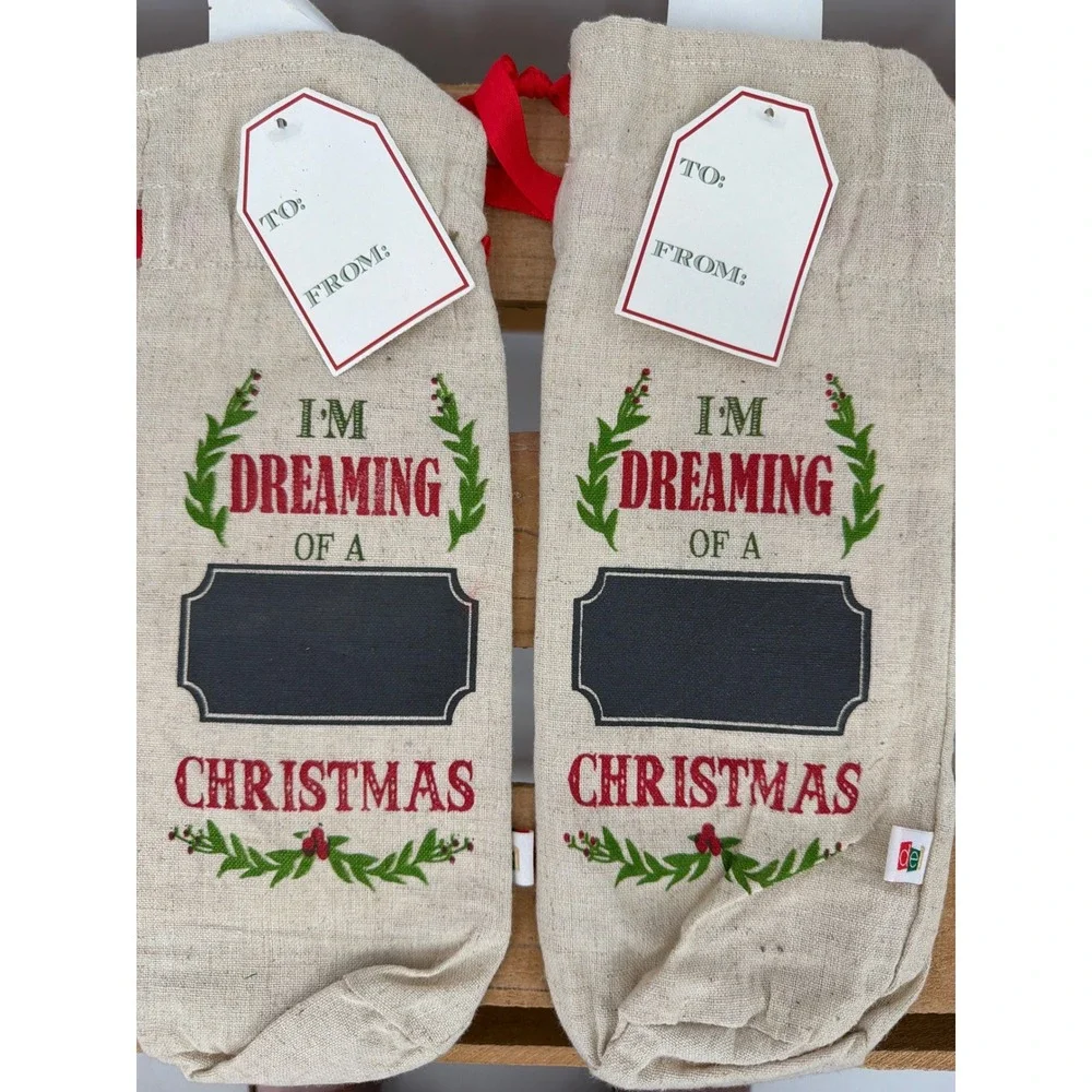 Christmas Wine Gift Bags‎ Set of 2 Linen Chalkboard Panel Red Ribbon